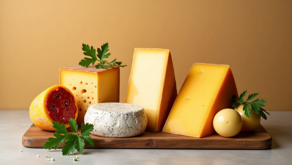 A wooden platter showcasing five different Dutch cheese varieties, garnished with grapes, nuts, and crackers.